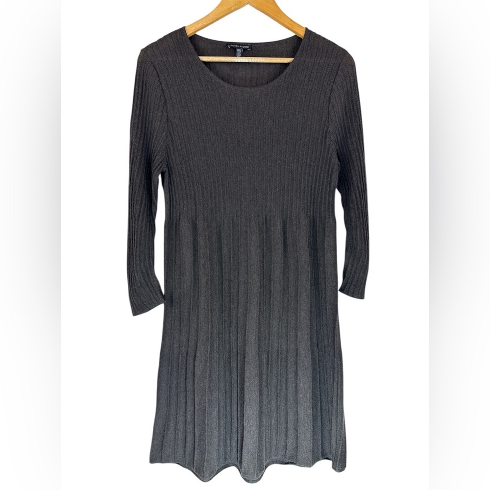 Eileen Fisher Wool Scoopneck Pleated Ribbed Knit Dress – Fit & Flare Size Small - Picture 3 of 13
